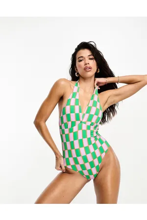 VERO MODA Costume da bagno allacciato al collo a scacchi verdi e rosa