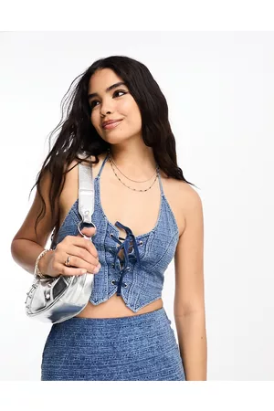 Miss Selfridge Top a corsetto allacciato al collo in denim in coordinato