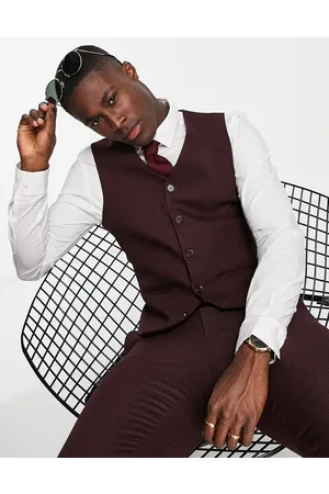 ASOS Wedding - Gilet da abito super skinny in misto lana bordeaux con motivo pied de poule