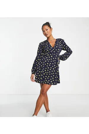 Glamorous Vestito blu navy a fiori gialli con scollo a V allacciato in vita