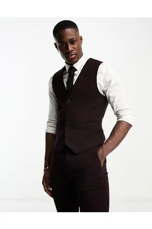 ASOS Gilet skinny da abito in misto lana bordeaux con motivo a spina di pesce
