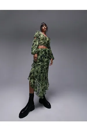 Topshop Gonna midi a fiori con volant e bordi grezzi in coordinato