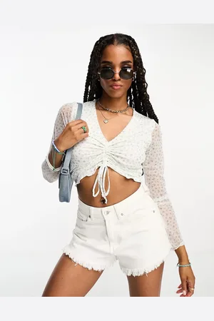 Hollister Top a maniche lunghe a fiori in rete arricciato sul davanti