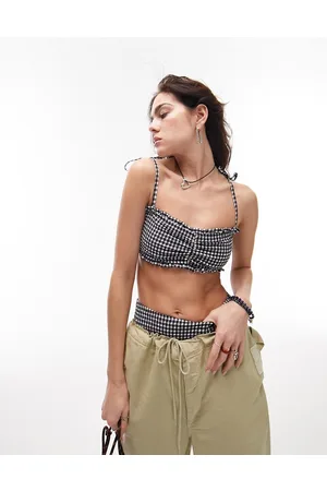 Topshop Mix and Match - Top bikini testurizzato a quadretti monocromatici con volant sul bordo