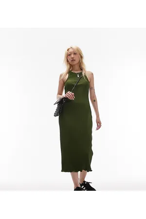 Topshop Vestito midi in jersey plissé kaki