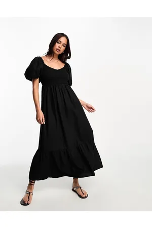 New Look Vestito midi nero con maniche a sbuffo e parte superiore arricciata
