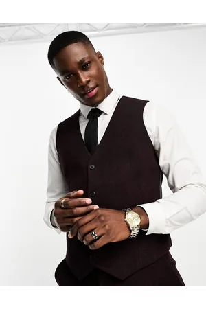 ASOS Gilet slim da abito in misto lana bordeaux con motivo a spina di pesce
