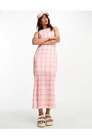 Pieces® Esclusiva - Vestito midi in rete rosa e arancione a quadri con spacco laterale