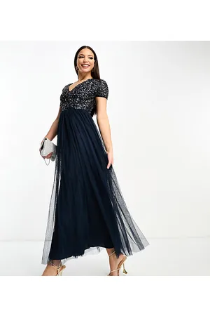 Maya Vestito da damigella lungo a maniche corte in tulle con raffinate paillettes tono su tono