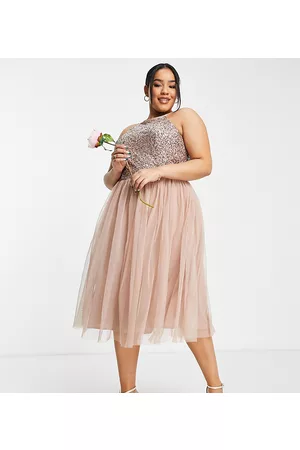 Maya Vestito midi da damigella allacciato al collo in tulle color cipria tenue con paillettes