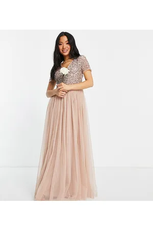 Maya Vestito lungo da damigella in tulle color cipria a maniche corte con delicate paillettes tono su tono