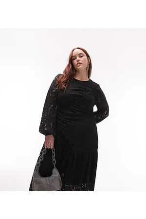 Topshop Vestito midi a maniche lunghe arricciato in pizzo