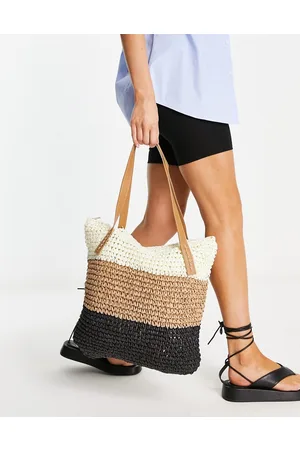 My Accessories London - Borsa shopping da spiaggia in paglia neutra colorblock