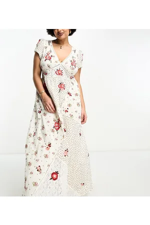 River Island Vestito lungo color crema a fiori con ricamo patchwork