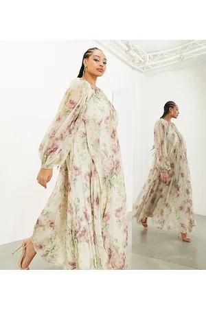 ASOS Curve - Vestito lungo in chiffon color crema a fiori vintage con maniche con spacco