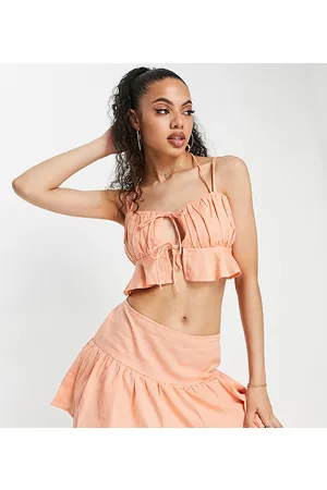 AsYou Crop top color pesca con bustino raccolto e volant in coordinato
