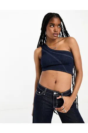 Bershka Top monospalla in denim color azzurro