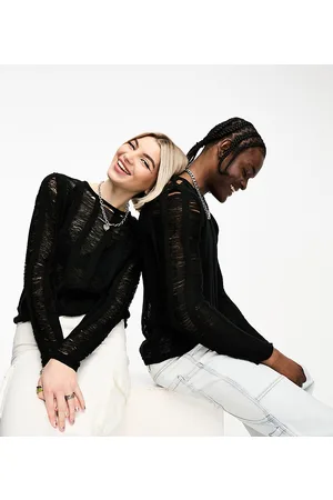 COLLUSION Unisex - Maglione girocollo effetto invecchiato smagliato