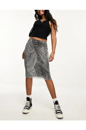 Monki Gonna midi in rete trasparente grigia con stampa astratta