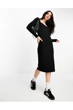 MANGO Vestito midi a coste a maniche lunghe con scollo squadrato