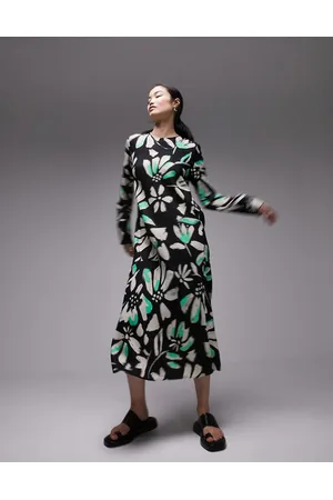 Topshop Vestito midi a colonna premium a fiori bianco, nero e verde