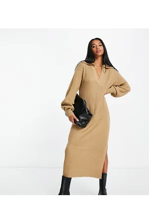 ASOS ASOS DESIGN Petite - Vestito midi in maglia con colletto aperto color avena