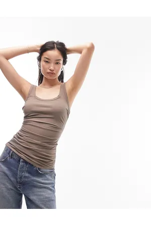 Topshop Canotta premium color pietra a coste con pieghe sui lati e scollo rotondo