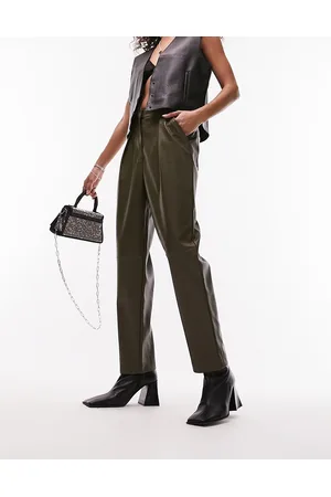 Topshop Pantaloni in pelle sintetica kaki con pinces