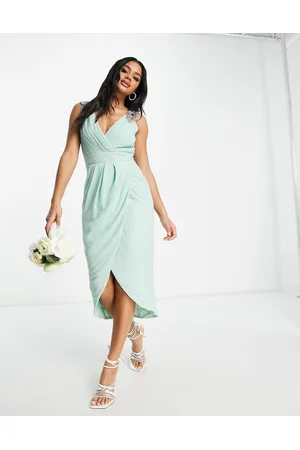TFNC Vestito da damigella midi a portafoglio con spalline decorate in chiffon verde salvia