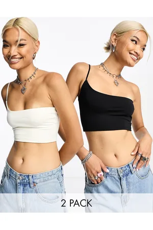 Bershka Confezione da 2 crop top monospalla nero e