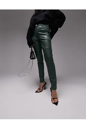 Topshop Pantaloni stile motociclista skinny in pelle sintetica kaki