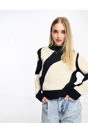 Monki Maglione accollato lavorato a righe ondulate blu e crema jacquard