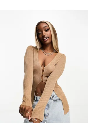 ASOS Cardigan semitrasparente taglio lungo color cammello con bottoni sul davanti