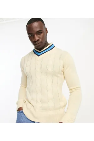 Le Breve Tall - Maglione lavorato a trecce spesse écru con scollo a V a contrasto