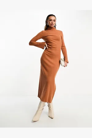 ASOS Vestito midi color ruggine a maniche lunghe super soffice con scollo a cuore