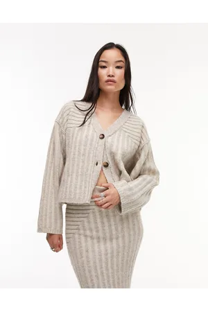 Topshop Cardigan premium a pieghe in maglia color pietra