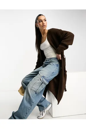 Femme Luxe Cardigan taglio lungo in maglia marrone cioccolato con cintura