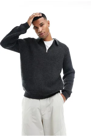 ASOS Maglione in lana pesante antracite a coste con zip corta