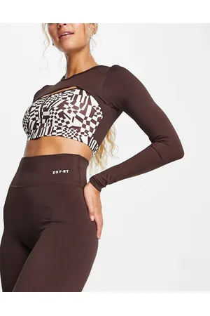 Daisy Street Active - Crop top a maniche lunghe con stampa geometrica a scacchi distorta