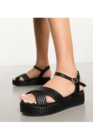 Yours Wide Fit - Sandali a pianta larga neri intrecciati con plateau