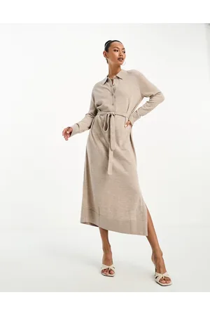 & OTHER STORIES Vestito midi in lana Merino lavorato marrone mélange con cintura