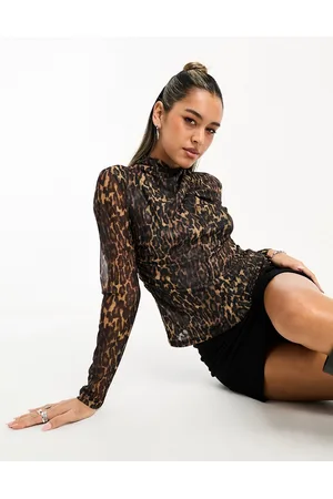 AllSaints Tia Antia - Top a maniche lunghe in rete con collo alto e stampa leopardata