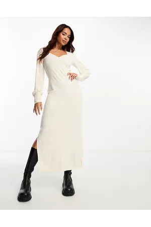 Pieces® Vestito midi color crema a coste con scollo a cuore