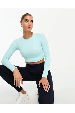 Gym King Formation - Crop top a maniche lunghe azzurro a coste senza cuciture