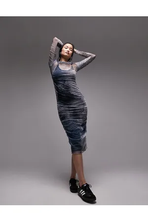 Topshop Vestito midi blu e grigio in rete arricciata e stropicciata