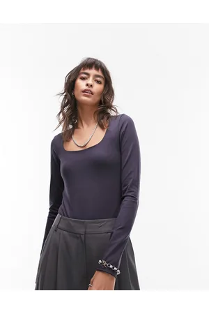 Topshop Body a maniche lunghe con scollo rotondo ardesia