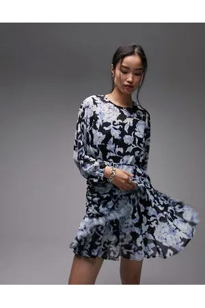 Topshop Vestito da giorno svasato blu e nero con stampa a fiori