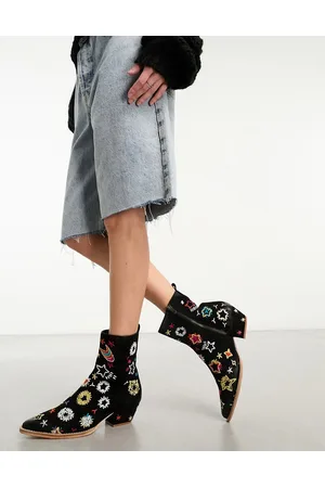 Free People Bowers - Stivali stile western neri in camoscio con ricami