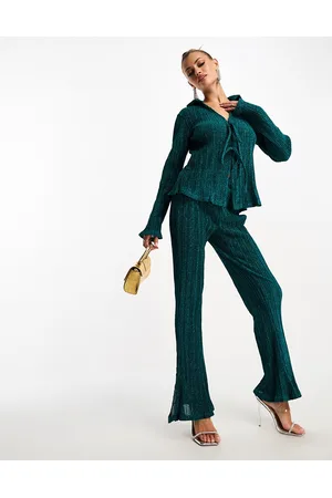 QED London Pantaloni plissé a zampa verde-azzurro