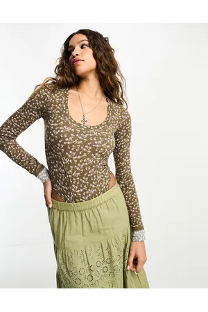 Free People Body a fiorellini verde a coste